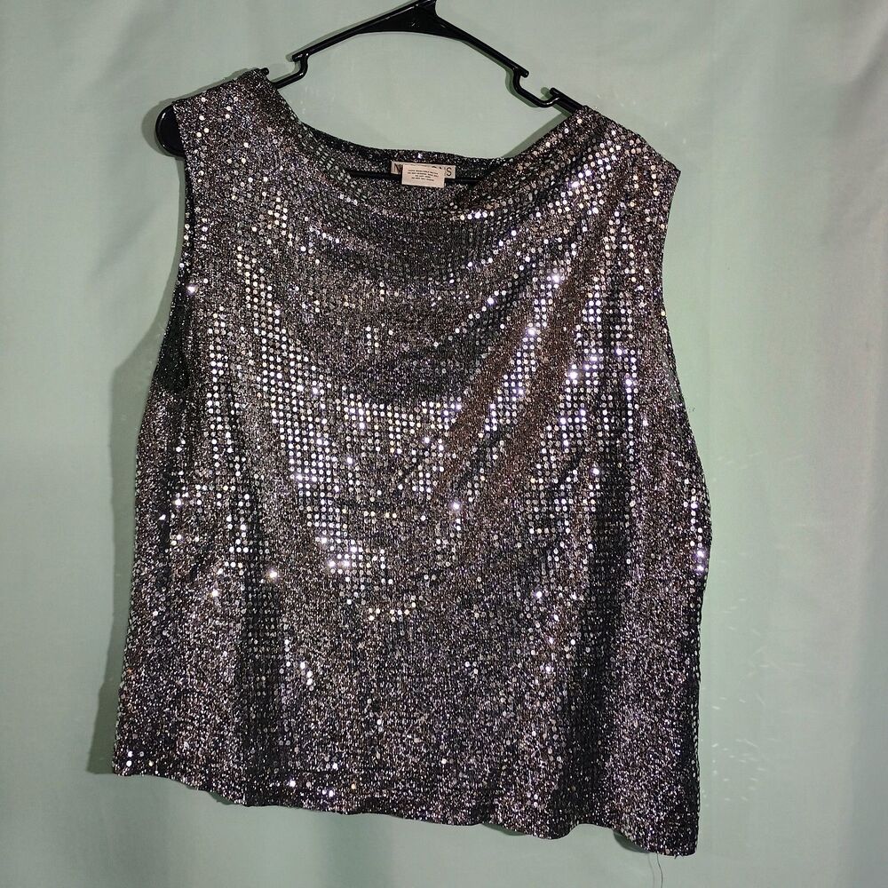 Silver Sequin Sleeveless Top Women – Sparkly Metallic Party Blouse Evening Wear